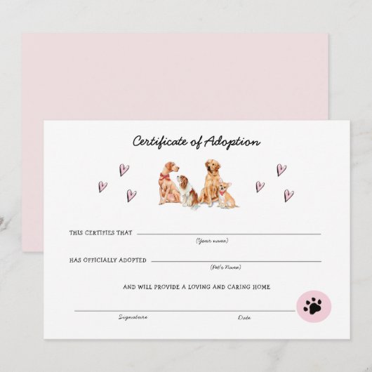 Kute roze & White Puppy Adoption Certificate (Voorkant / Achterkant)