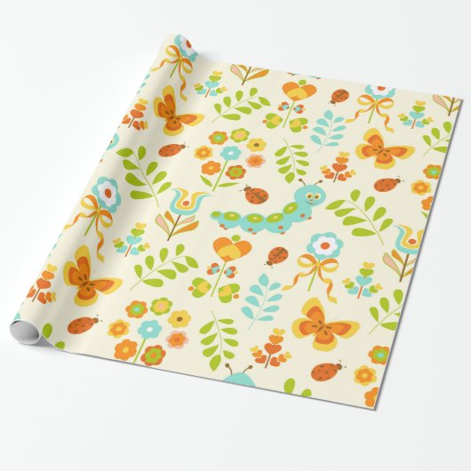 Kute rupp en bloemen cadeaupapier (Uitgerold)