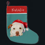 Kute Santa Dog Pit Bull Terrier Specialized Kleine Kerstsok<br><div class="desc">Schattige illustratie van de waterverf van een witte Amerikaanse pit stier doodsbange hond met een rode santa hoed. . Aan de bovenkant van het bestand kan een naam worden toegevoegd. Het perfecte ontwerp voor pit-liefhebbers en eigenaars zodat ze hun huisdieren kunnen meenemen naar de vakantie-geest.</div>