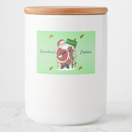 Kute Santa met bosdieren Groen Voedselcontainer Etiket (Voorkant)