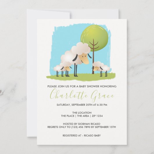 Kute schapen en lammeren met een Baby shower van t Kaart (Voorkant)