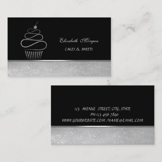 Kute Schattige Elegant Silver Glitte Cupcake Bakke Visitekaartje (Voorkant / Achterkant)