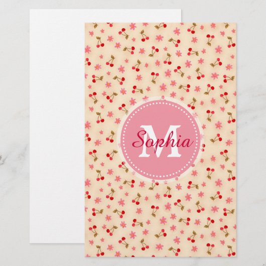 Kute schattige girale kersen en bloemen briefpapier (Voorkant / Achterkant)