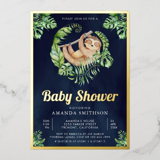 Kute Schattige marineblauw Baby shower Gold Folie Uitnodiging (Voorkant)