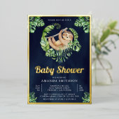 Kute Schattige marineblauw Baby shower Gold Folie Uitnodiging (Staand Voorkant)