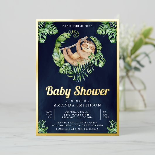 Kute Schattige marineblauw Baby shower Gold Folie Uitnodiging (Staand Voorkant)
