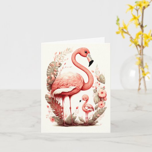 Kute Schattige moeder en Baby Flamingo Kaart (Gele Bloem)