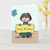 Kute schetsjongen met een bord Happy Birthday Kaart (Gele Bloem)
