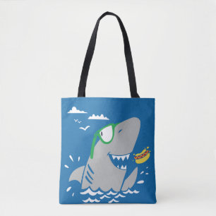 Kute shark cartoon vintage die een hotdog op blu e tote bag