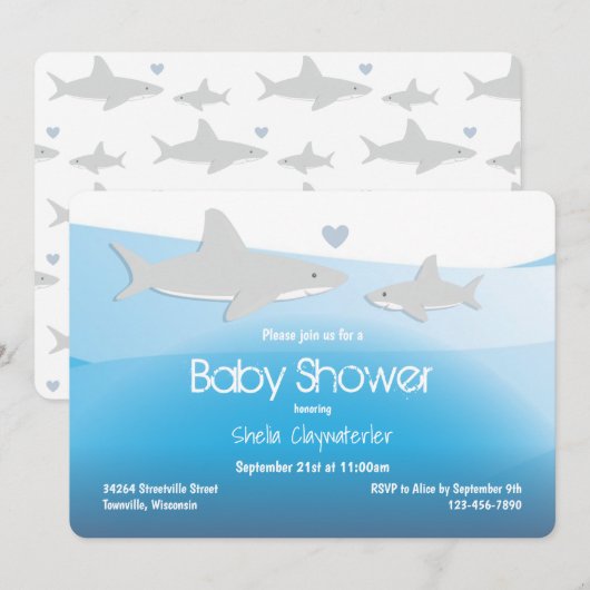 Kute Sharks en Ocean | Uitnodiging tot Baby shower (Voorkant / Achterkant)