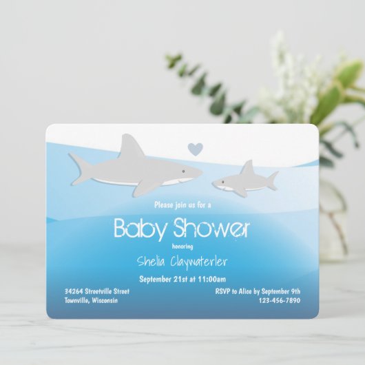 Kute Sharks en Ocean | Uitnodiging tot Baby shower (Staand voorkant)