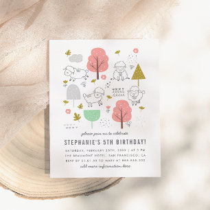 Kute Sheep Modern Little Girl's Birthday Party Uitnodiging Briefkaart