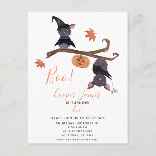 Kute Simple Halloween Bats Child's 2e verjaardag Uitnodiging Briefkaart (Voorkant)
