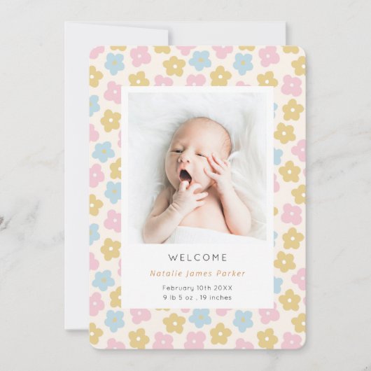 Kute Simple Rainbow Floral Waterverf Birth Aankondiging (Voorkant)