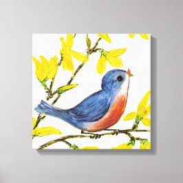 Kute Singing Blue Bird Tree Canvas Afdruk