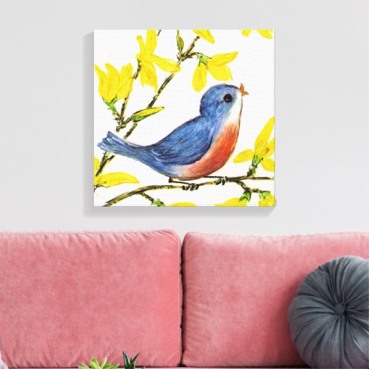 Kute Singing Blue Bird Tree Canvas Afdruk (Insitu (Woonkamer))