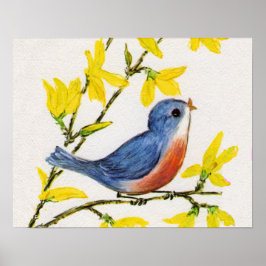Kute Singing Blue Bird Tree Poster