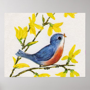 Kute Singing Blue Bird Tree Poster