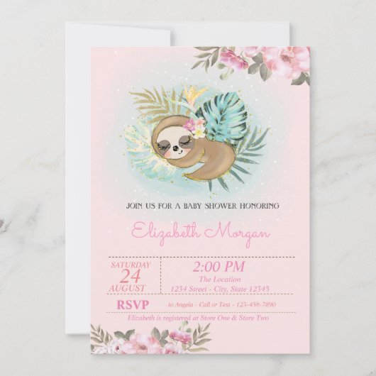Kute Slapende Sloth Floral Baby shower Kaart (Voorkant)
