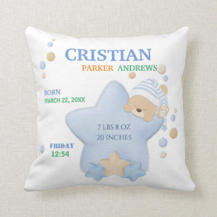 Kute Sleeping Teddy Bear Baby Boy Birth Stats dan Kussen
