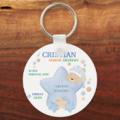 Kute Sleeping Teddy Bear Baby Boy Birth Stats Keyb Sleutelhanger (Voorkant)