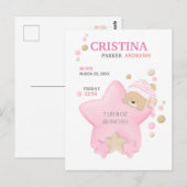 Kute Sleeping Teddy Bear Baby Girl Birth Stats Briefkaart (Voorkant / Achterkant)