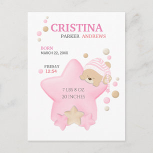 Kute Sleeping Teddy Bear Baby Girl Birth Stats Briefkaart