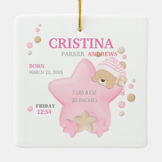 Kute Sleeping Teddy Bear Baby Girl Birth Stats Keramisch Ornament (Achterkant)