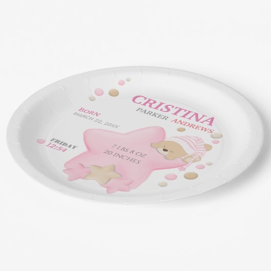 Kute Sleeping Teddy Bear Baby Girl Birth Stats Pap Papieren Bordje (Gekanteld)