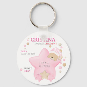 Kute Sleeping Teddy Bear Baby Girl Birth Stats Sleutelhanger