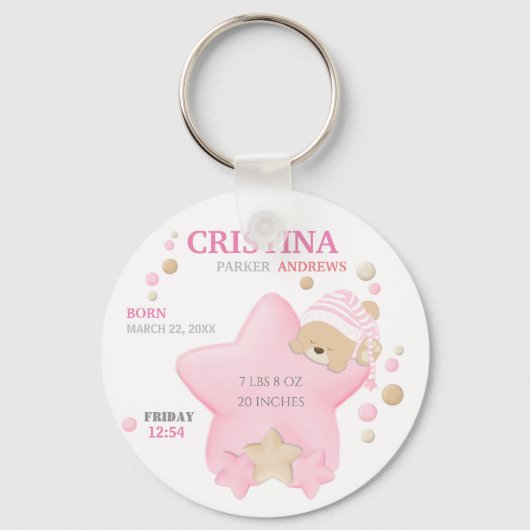 Kute Sleeping Teddy Bear Baby Girl Birth Stats Sleutelhanger (Voorkant)
