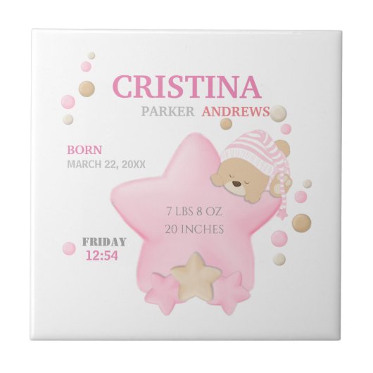 Kute Sleeping Teddy Bear Baby Girl Birth Stats Tegeltje (Voorkant)