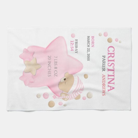 Kute Sleeping Teddy Bear Baby Girl Birth Stats Theedoek (Horizontaal)