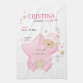 Kute Sleeping Teddy Bear Baby Girl Birth Stats Theedoek (Verticaal)