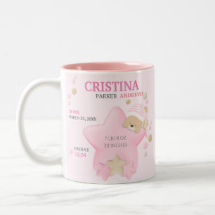 Kute Sleeping Teddy Bear Baby Girl Birth Stats Tweekleurige Koffiemok