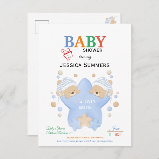 Kute sleeping Teddy bears Twin Boys Shower by Mail Uitnodiging Briefkaart (Voorkant / Achterkant)