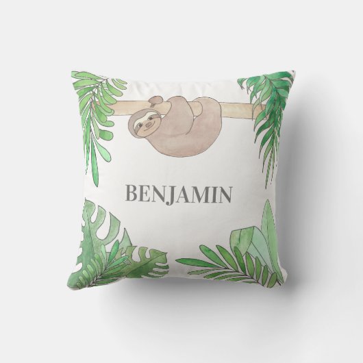 Kute Sloth Baby Oerwoud Verlaat Waterverf naam Kussen (Achterkant)