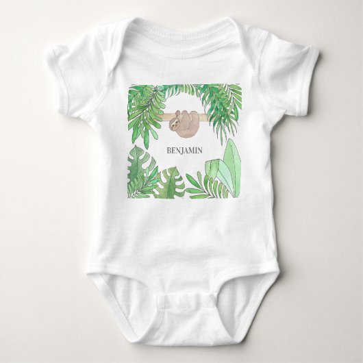 Kute Sloth Baby Oerwoud Verlaat Waterverf naam Romper (Voorkant)