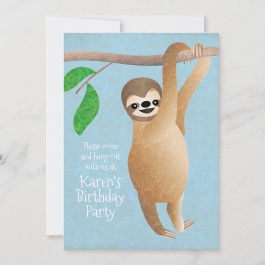 Kute Sloth Birthday Party Hang Blue uit Kaart (Voorkant)