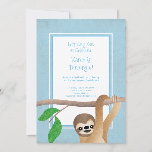 Kute Sloth Birthday Party Hang Blue uit Kaart (Achterkant)