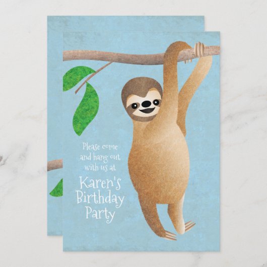 Kute Sloth Birthday Party Hang Blue uit Kaart (Voorkant / Achterkant)
