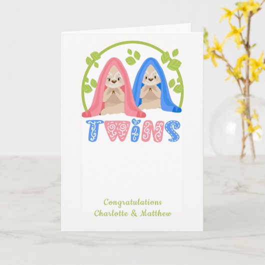 Kute Sloth Boy and Girl New Twin Baby's Kaart (Gele Bloem)