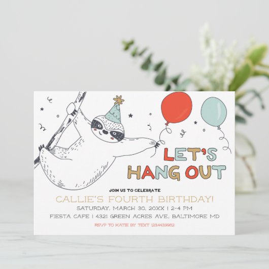 Kute Sloth Laten we de uitnodiging van de verjaard (Staand voorkant)