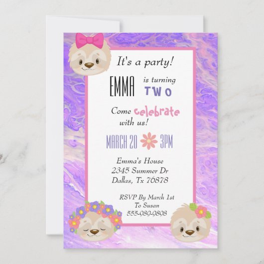 Kute Sloth Pink Paarse Child's Birthday Invitation Kaart (Voorkant)