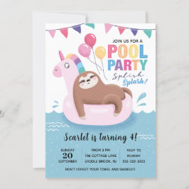 Kute Sloth Pool Party Birthday Uitnodiging