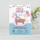 Kute Sloth Pool Party Birthday Uitnodiging (Staand voorkant)