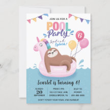 Kute Sloth Pool Party Birthday Uitnodiging