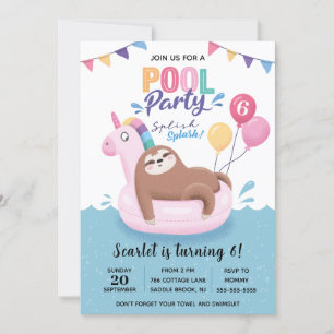 Kute Sloth Pool Party Birthday Uitnodiging