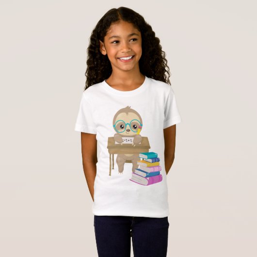 Kute Sloth School Desk Wiskunde Schrijvende Readin T-shirt (Voorkant volledig)