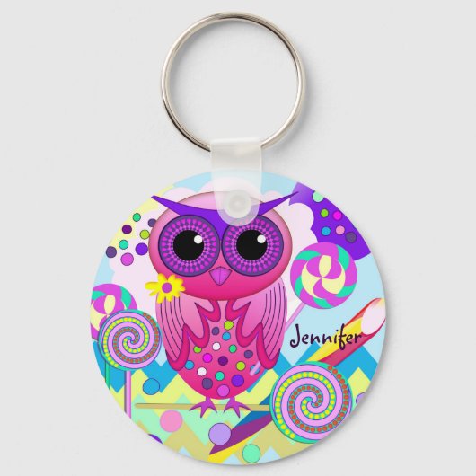 Kute Snoep Owl, Lollipops & Custom Name Sleutelhan Sleutelhanger (Voorkant)